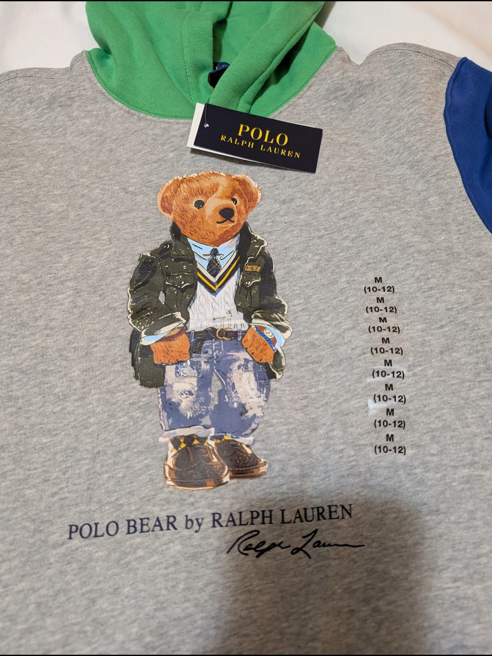 Polo Ralph Lauren Boy's Hoodie - Grey Body with Pink & Blue Sleeves, Green Hood